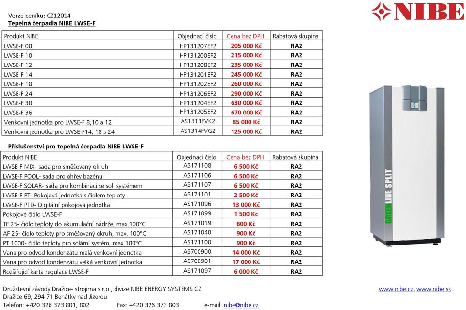 jednotka pro LWSE-F14, 18 s 24 AS1314FVG2 125 000 Kč RA2 Příslušenství pro tepelná čerpadla NIBE LWSE-F LWSE-F MIX- sada pro směšovaný okruh AS171108 6 500 Kč RA2 LWSE-F POOL- sada pro ohřev bazénu