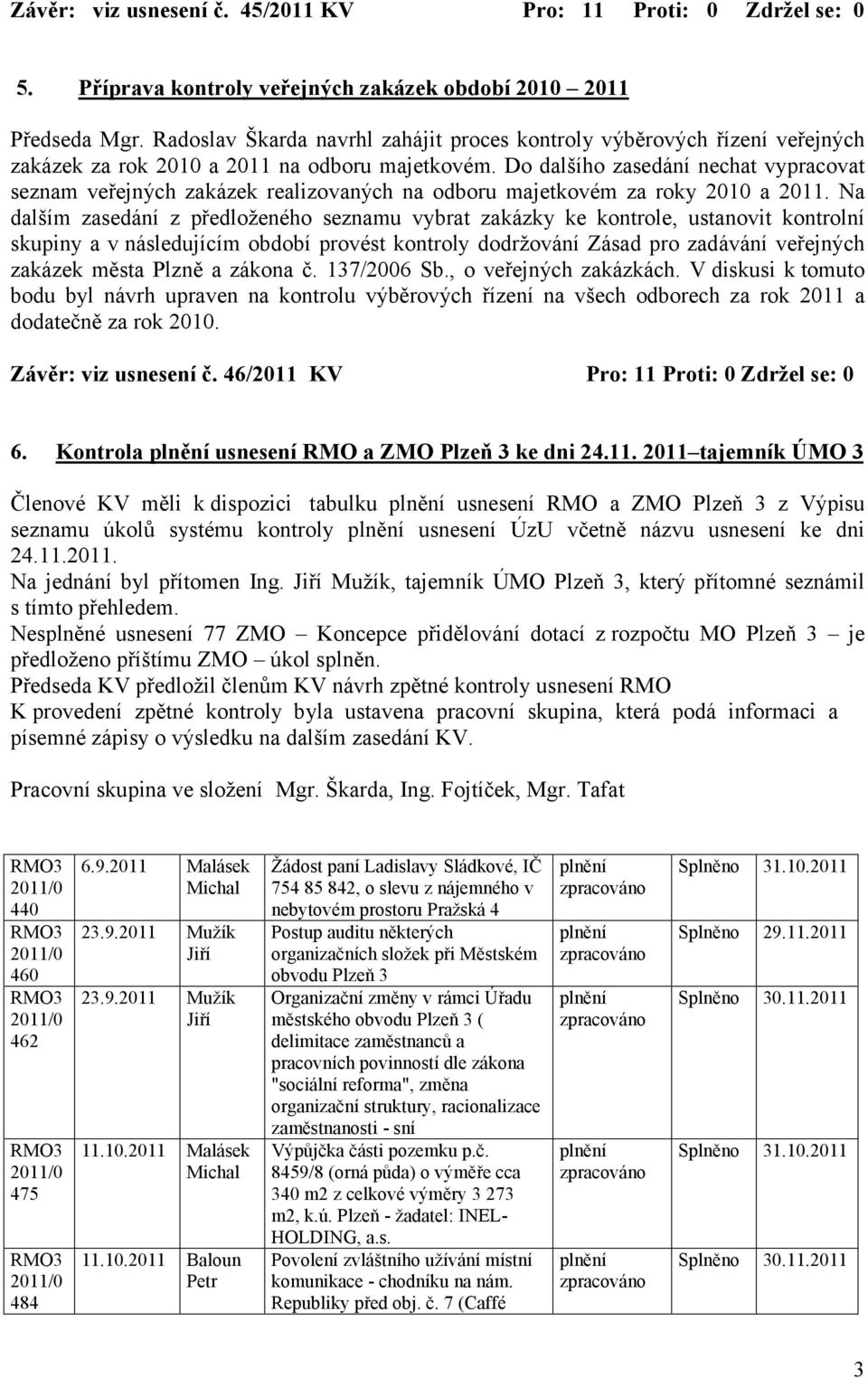 Do dalšího zasedání nechat vypracovat seznam veřejných zakázek realizovaných na odboru majetkovém za roky 2010 a 2011.