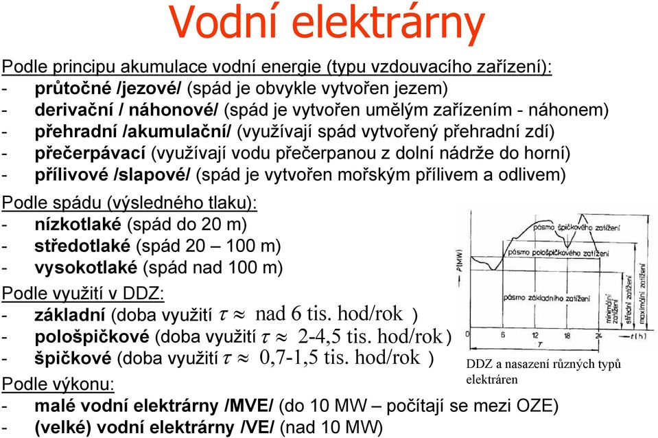 odlivem) Podle spádu (výsledného laku): - nízkolaké (spád do 20 m) - sředolaké (spád 20 100 m) - vysokolaké (spád nad 100 m) Podle využií v DDZ: - základní (doba využií nad 6 is.