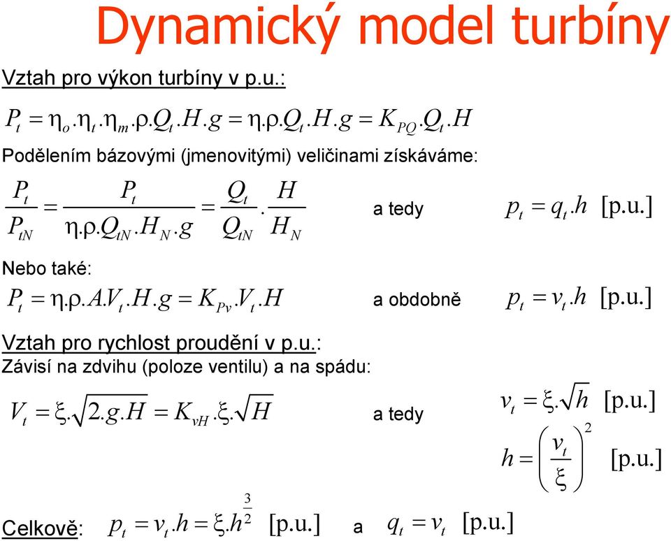 h [p.u.] Nebo aké: P..A.V.H.g K.V.H Pv a obdobně p v.h [p.u.] Vzah pro rychlos proudění v p.u.: Závisí na zdvihu (poloze venilu) a na spádu: Celkově: v.