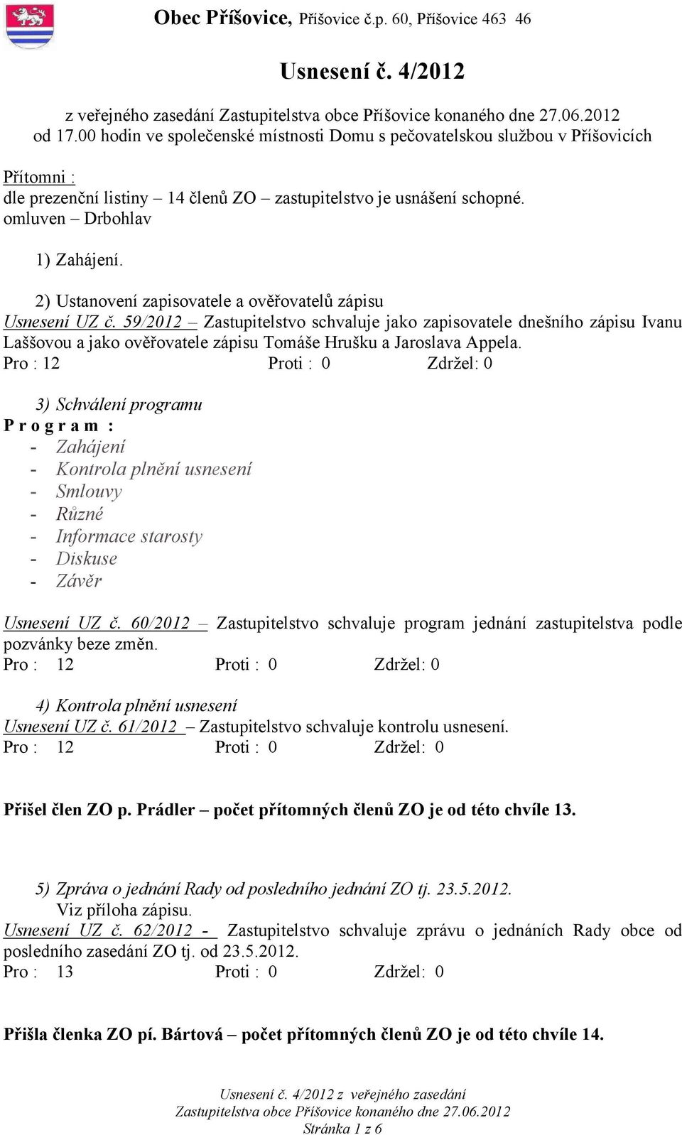 2) Ustanovení zapisovatele a ověřovatelů zápisu Usnesení UZ č.
