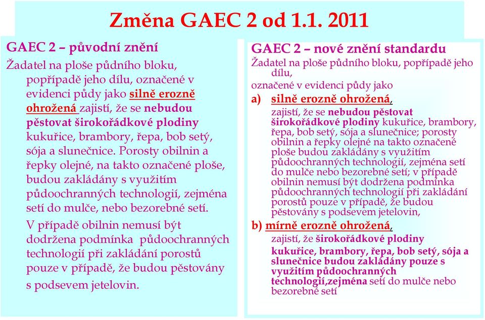 setý, sója a slunečnice. Porosty obilnin a řepky olejné, na takto označené ploše, budou zakládány s využitím půdoochranných technologií, zejména setí do mulče, nebo bezorebné setí.