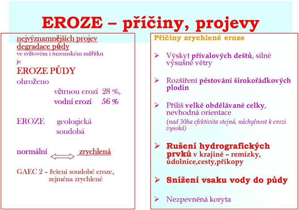 přívalových deštů, silné výsušné větry Rozšíření pěstování širokořádkových plodin Příliš velké obdělávané celky, nevhodná orientace (nad 30ha
