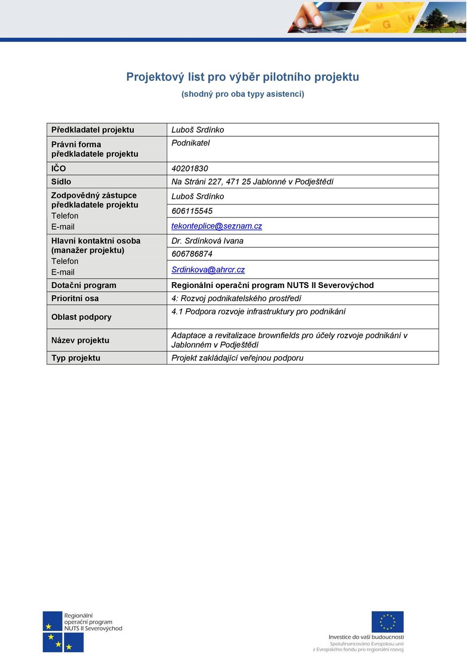 Podještědí Luboš Srdínko 606115545 tekonteplice@seznam.cz Dr. Srdínková Ivana 606786874 Srdinkova@ahrcr.