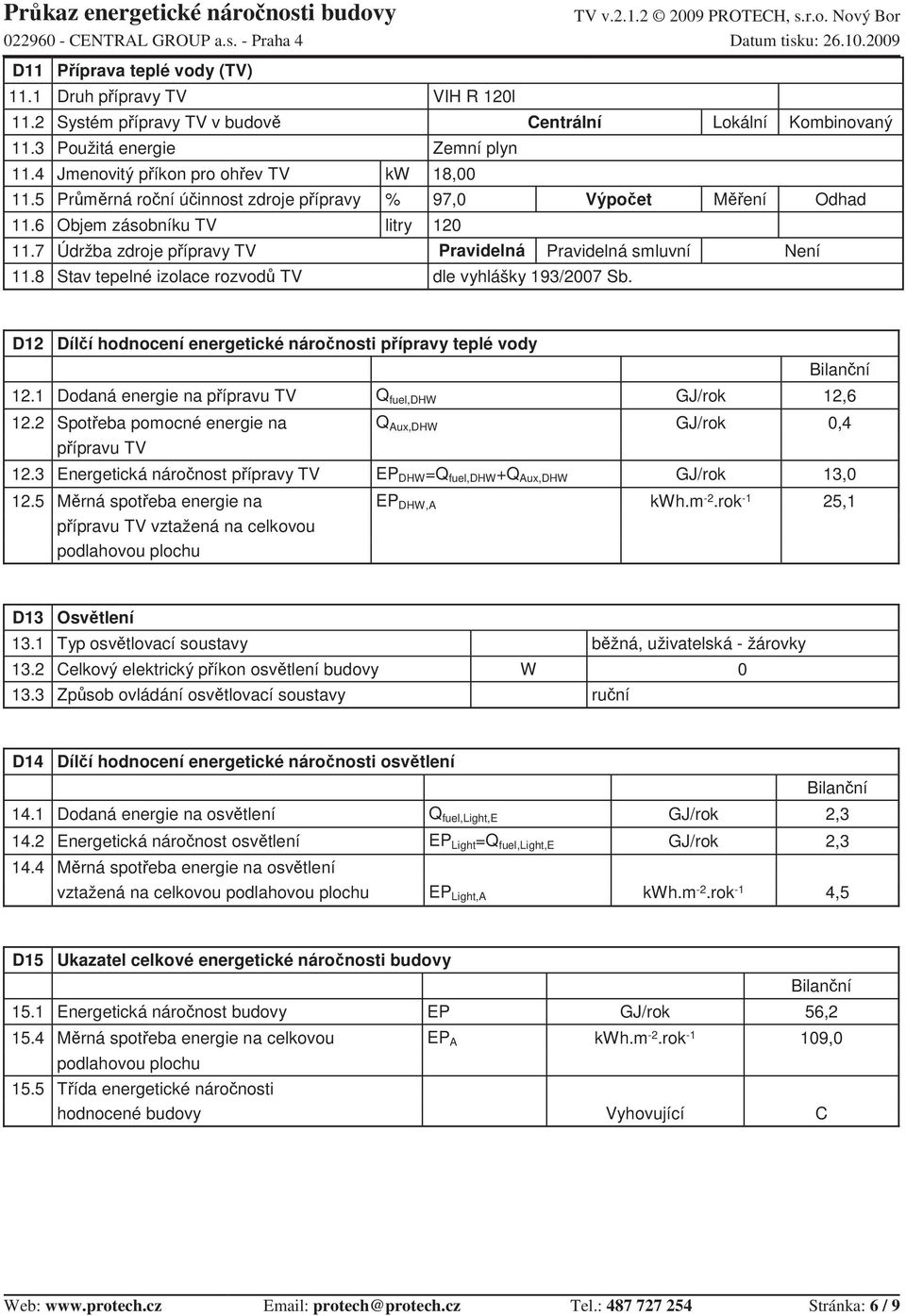 8 Stav tepelné izolace rozvod TV dle vyhlášky 193/2007 Sb. D12 Dílí hodnocení energetické náronosti pípravy teplé vody 12.1 Dodaná energie na pípravu TV Q fuel,dhw GJ/rok 12,6 12.