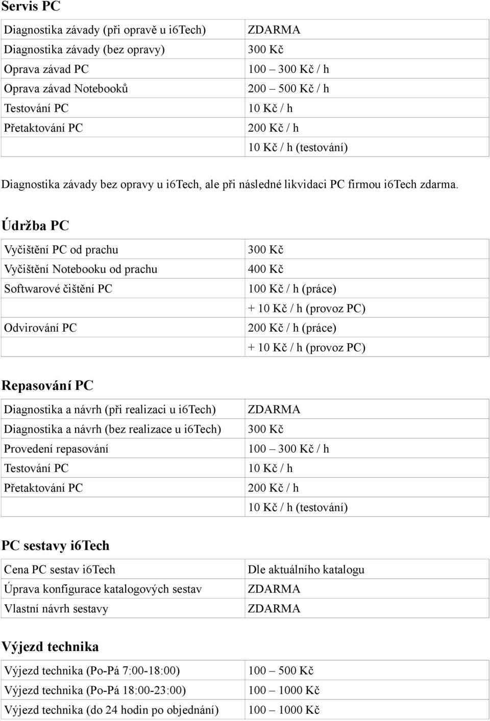 Údržba PC Vyčištění PC od prachu Vyčištění Notebooku od prachu Softwarové čištění PC Odvirování PC 400 Kč 100 Kč / h (práce) + 10 Kč / h (provoz PC) (práce) + 10 Kč / h (provoz PC) Repasování PC