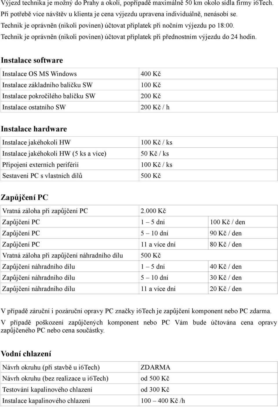 Instalace software Instalace OS MS Windows Instalace základního balíčku SW Instalace pokročilého balíčku SW Instalace ostatního SW 400 Kč 100 Kč 200 Kč Instalace hardware Instalace jakéhokoli HW