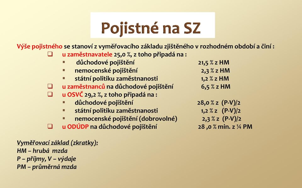 OSVČ 29,2 %, z toho připadá na : důchodové pojištění 28,0 % z (P-V)/2 státní politiku zaměstnanosti 1,2 % z (P-V)/2 nemocenské pojištění