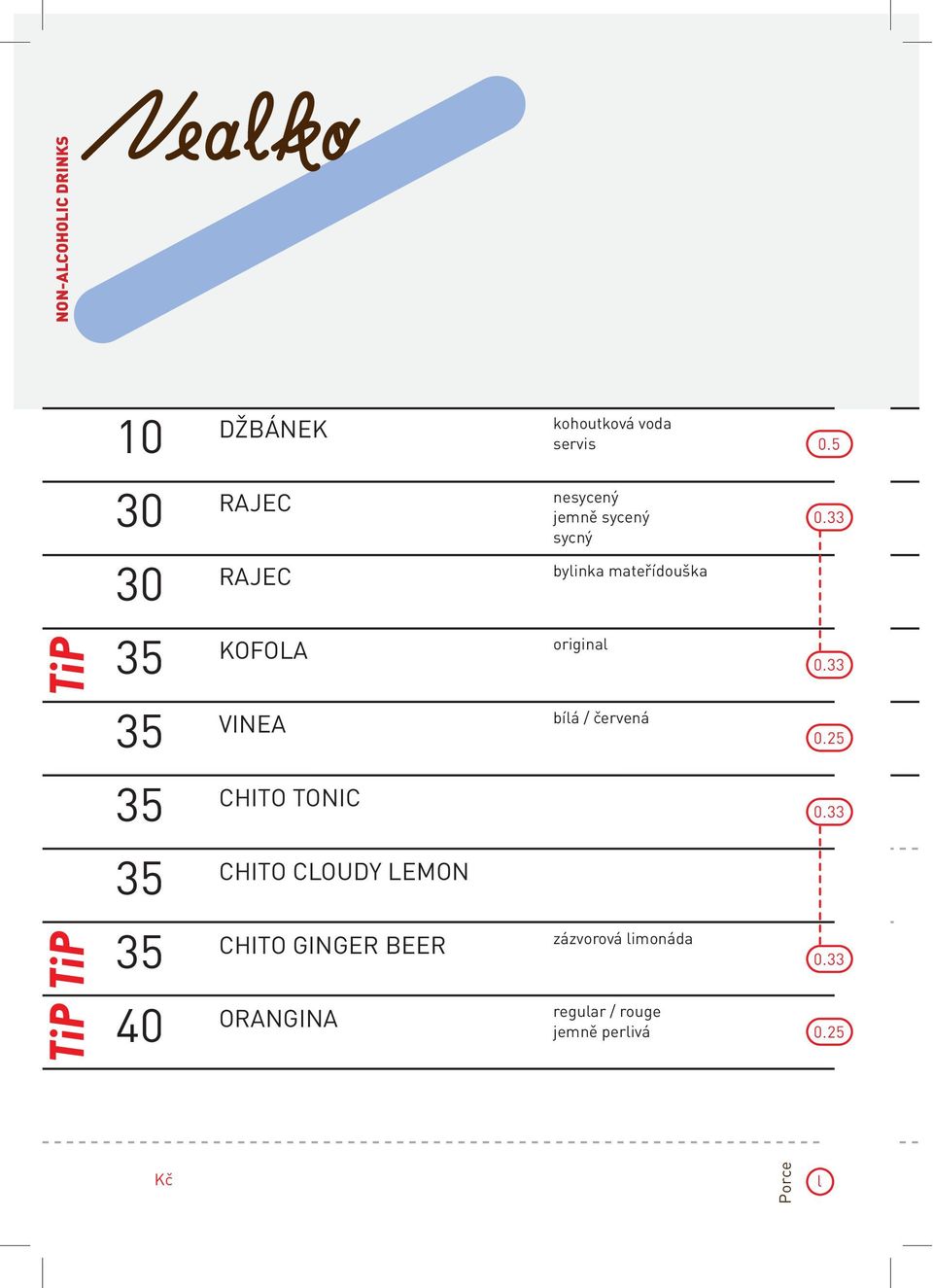 33 35 KOFOLA original 0.33 35 VINEA bílá / červená 0.25 35 CHITO TONIC 0.