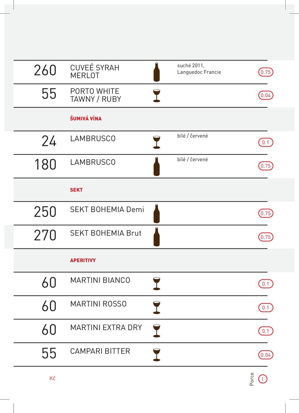 1 180 LAMBRUSCO bílé / červené 0.75 SEKT 250 SEKT BOHEMIA Demi 0.