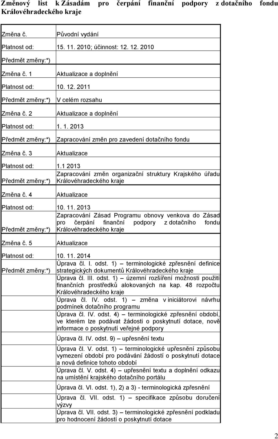 3 Aktualizace Platnost od: 1.1 2013 Zapracování změn organizační struktury Krajského úřadu Předmět změny:*) Královéhradeckého kraje Změna č. 4 Aktualizace Platnost od: 10. 11.