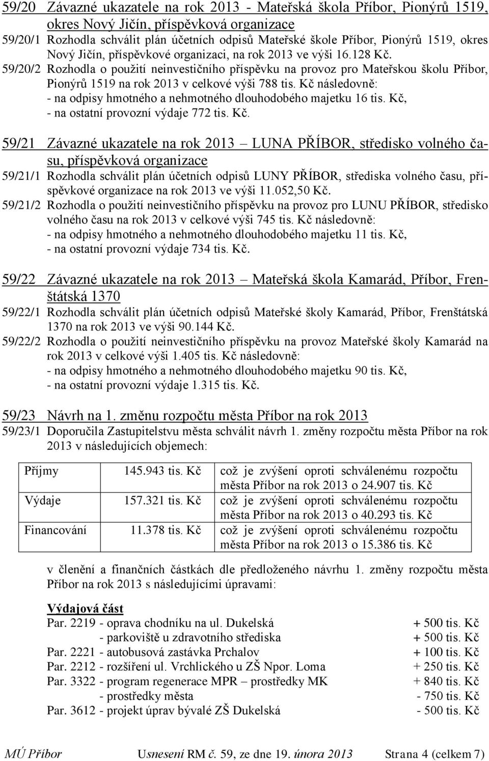 59/20/2 Rozhodla o použití neinvestičního příspěvku na provoz pro Mateřskou školu Příbor, Pionýrů 1519 na rok 2013 v celkové výši 788 tis.