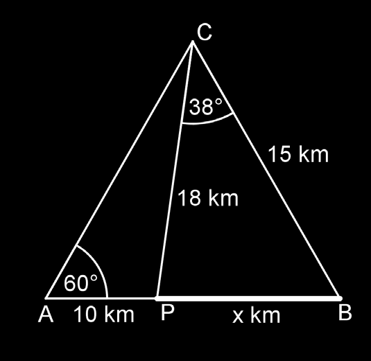 objíždí přes obec C. Vzdálenost AP = 10 km, BC = 15 km, velikost úhlu PCB je 38. 3 Určete vzdálenost mezi obcemi A a B zaokrouhlenou na desetiny km.