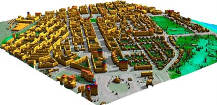 Obr.1 - DMT pomocí leteckého skenování Obr.2-3D model města vytvořený z dat z leteckého skenování 2.2.2.2 Pozemní skenování Skenery se základnou Skenery využívající metody protínání z úhlů slouží především na skenování menších objektů a mají vysokou přesnost.