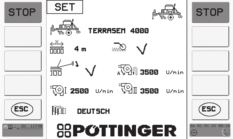ISOBUS TERMIN L NastavenÌ ovl d nì 6 7 8 9 10 Vych zì ze vstupnìho zobrazenì - StisknÏte tlaëìtko 3 TÌm p ejdete do nabìdky SET V znam tlaëìtek: 1+6 STOP P eruöì veökerè probìhajìcì funkce 1 2 3 4 5