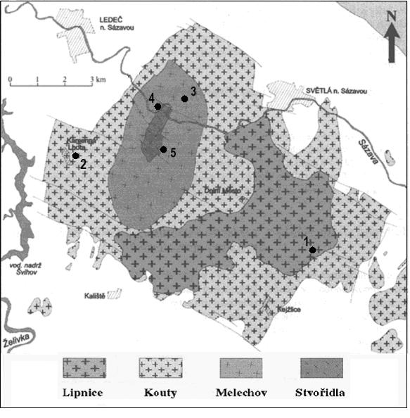 b) mapa granitů melechovského masívu s.s. (podle Mlčoch et al., 1995) s lokalizacemi vzorků.