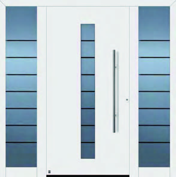 Pustite svetlo do Vášho domova Motívy s elegantnými sklenenými prvkami Motív 503 (obrázok vo farbe RAL 9016, biela, matná) Madlo z ušľachtilej ocele HOE 500, dizajnové sklo Float