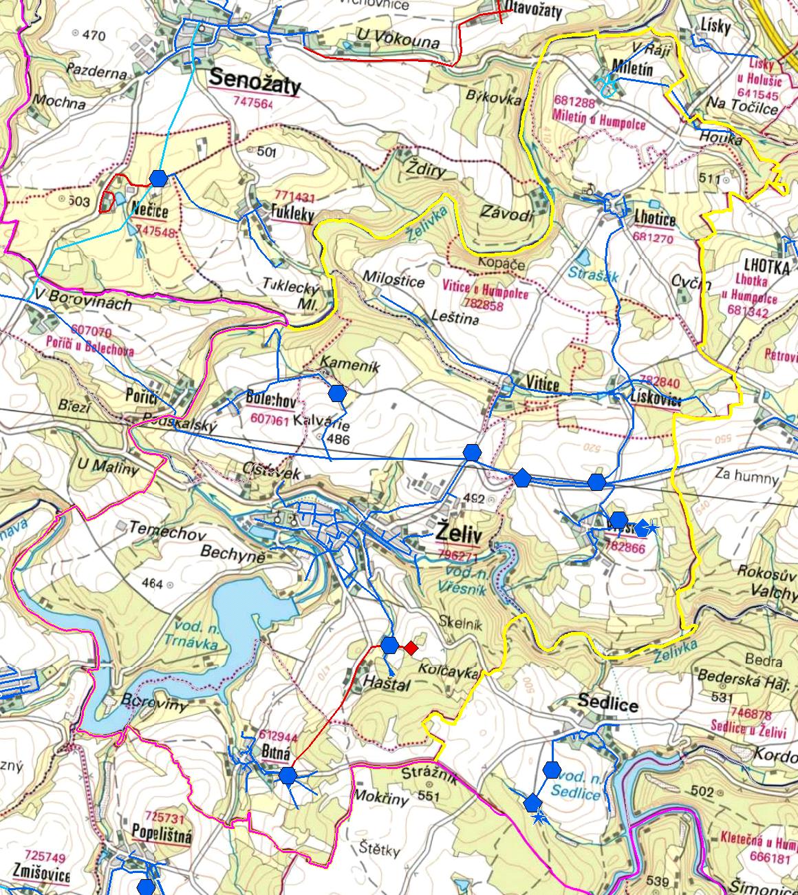 MAPA - VODOVODY Trasování sítí, lokalizace vodojemů, zdrojů, čerpacích stanic, ATS, ÚV Vodovodní řady Vodojem zemní
