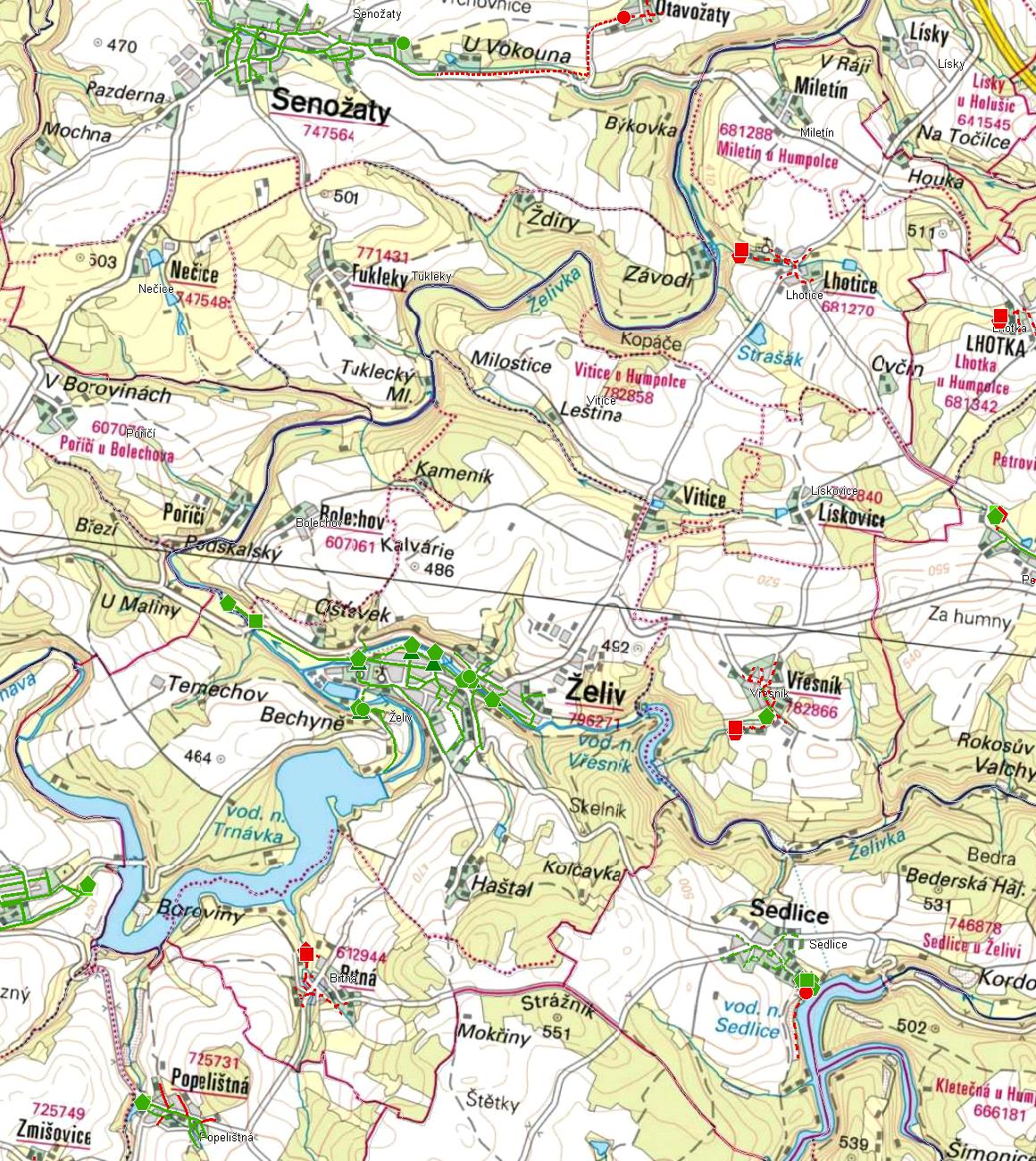 MAPA - KANALIZACE Trasování sítí, lokalizace ČOV, čerpacích stanic, výústí, odlehčovacích komor