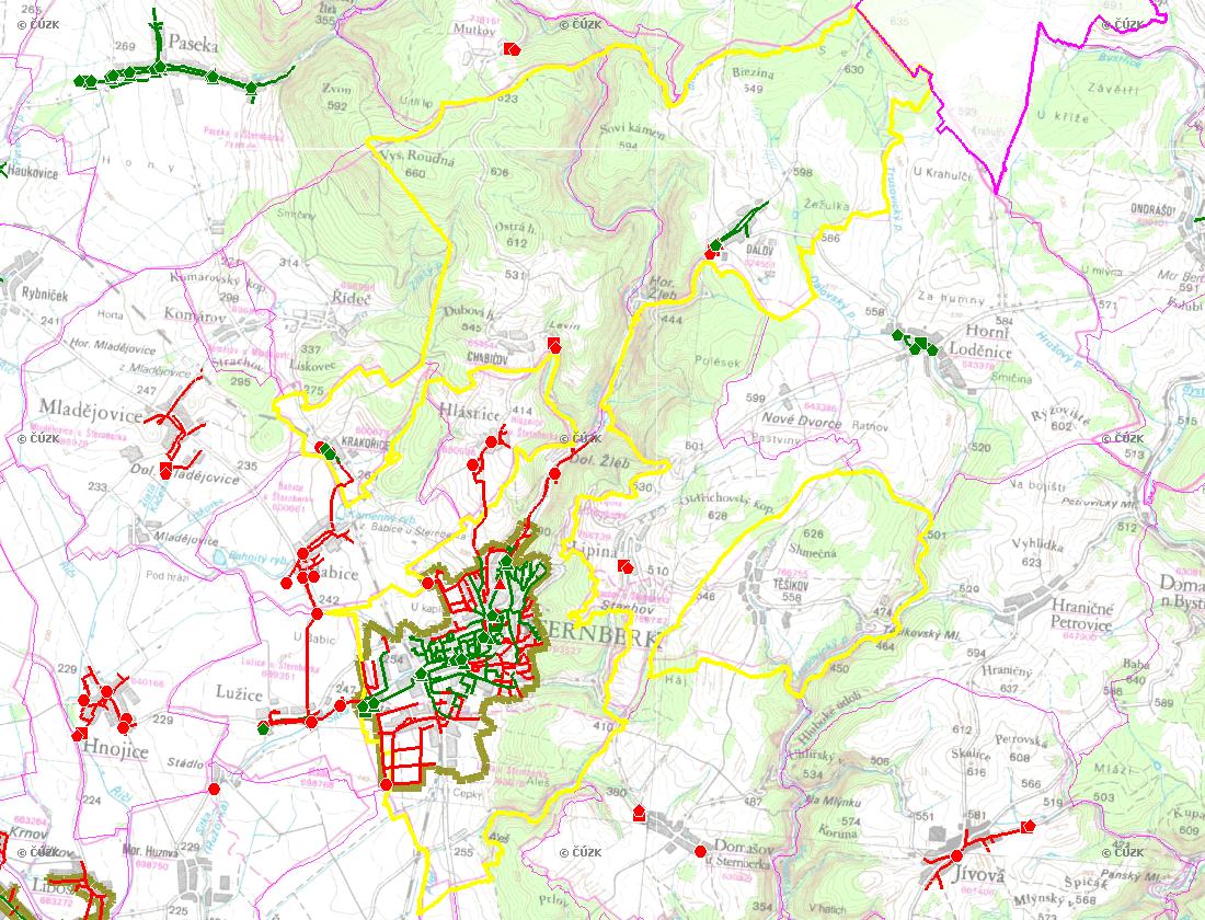 E. KANALIZACE A ČOV Mapa E1: Kanalizace - rozvody v obci Trasování sítí, lokalizace ČOV, čerpací stanice (ČS), výústě Obec: Legenda: Kanalizace: Ochranné pásmo: Vyústění: do 2015 po 2015 I IA IB II