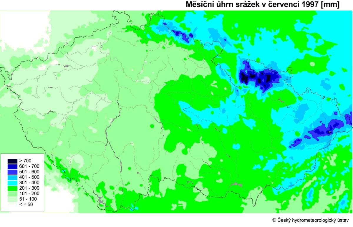 Extrémní meteorologické jevy: Povodně 1997 Denní úhrny srážek: 5.7. 93,4 mm 6.7. 129,4 mm 7.