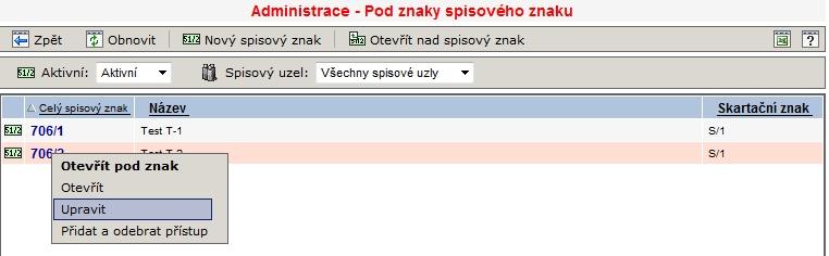 Pokud nezaškrtnete tuto volbu, bude se daný znak zobrazovat včetně znaku nadřazeného s použitím nastaveného oddělovače. V tomto případě tedy 700/706.