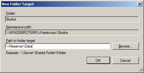 DFS Folder target odkaz navazující Folder na sdílenou složku Sdílená složka nemusí být na stejném serveru DFS