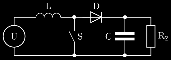 se zdrojem napětí U. Dioda D potom sepne a protéká jí proud, kterým společně se zdrojem napětí U nabíjí kondenzátor C na vyšší napětí, než je napětí vstupní.