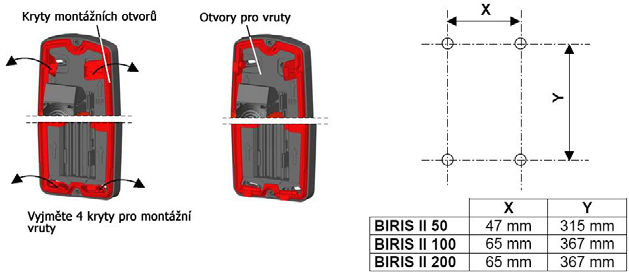 Instalace Při instalaci na zeď použijte přibalených vrutů a hmoždinek. Vyvrtejte 4 díry dle níže uvedené šablony.
