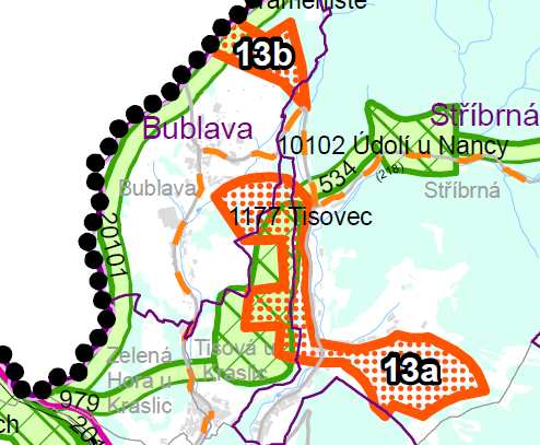 1 UPŘESNĚNÍ VYMEZENÍ PLOCHY NADMÍSTNÍHO VÝZNAMU V rámci této studie bylo navrženo upřesnění hranice vymezení plochy nadmístního významu č. 13 dle ZÚR Bublava - Stříbrná, rozdělené do částí 13a a 13b.