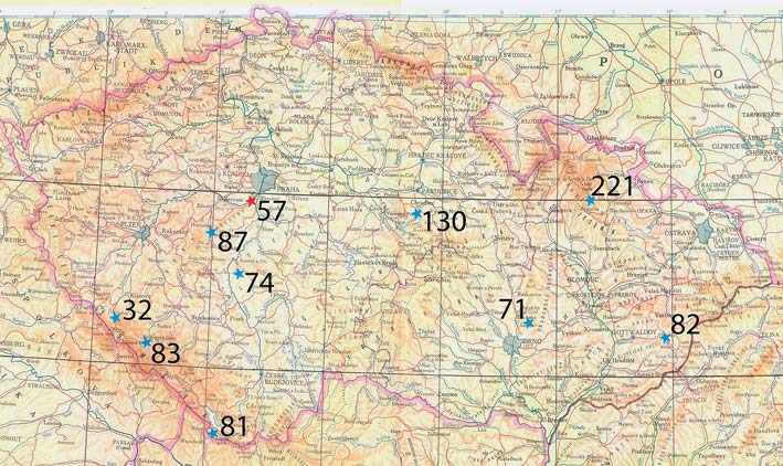 Obr. 1. Lokality výzkumné plochy č. 57 - Lesy Jíloviště, Cukrák a mateřských porostů proveniencí z ČR (mapový podklad Školní zeměpisný atlas světa 1961) Localities of research plot no.