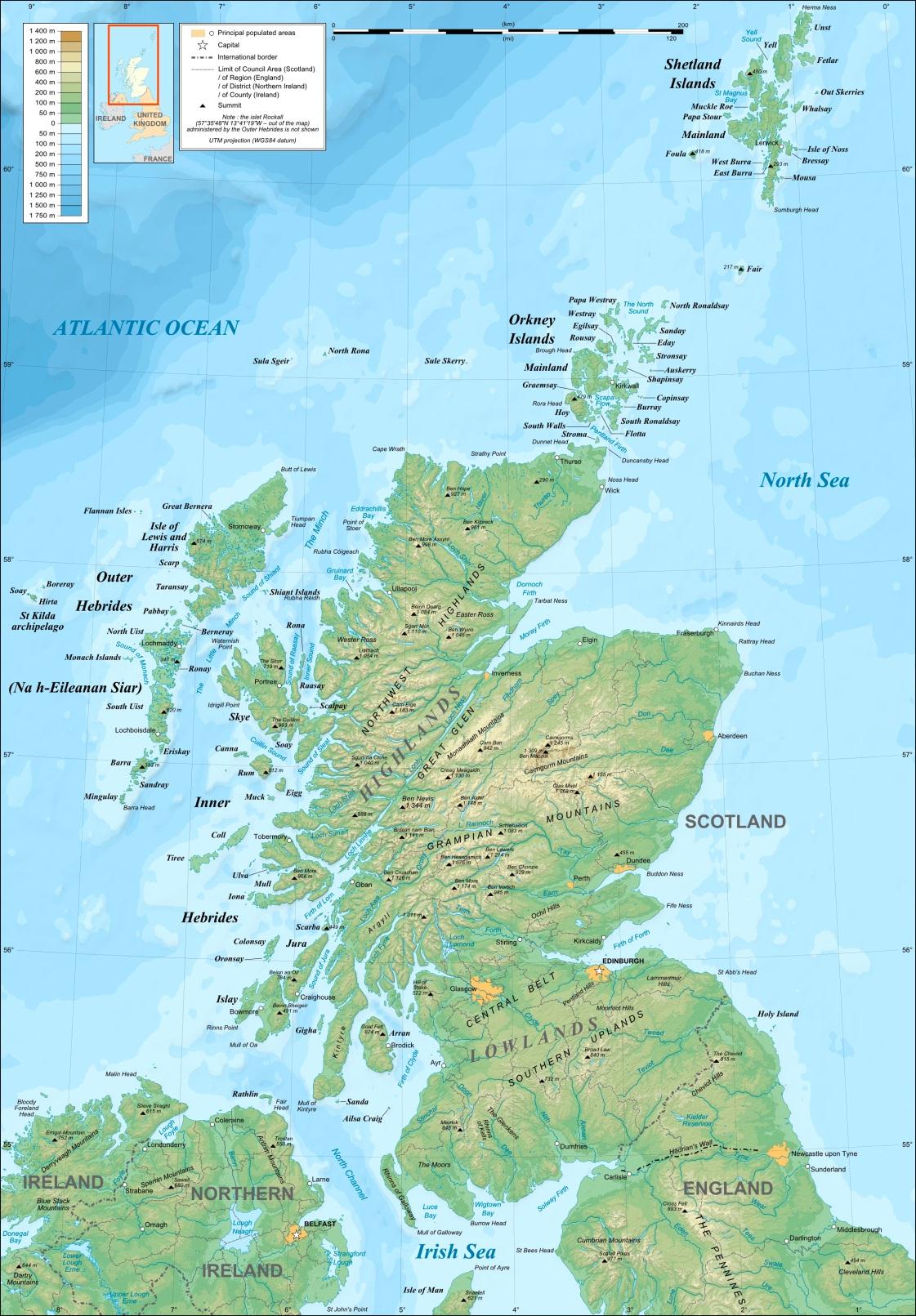FIND in the map: Highlands mountainous area Lowlands hilly area Ben Nevis the highest peak Loch Lomond - the largest lake - 40km long Loch