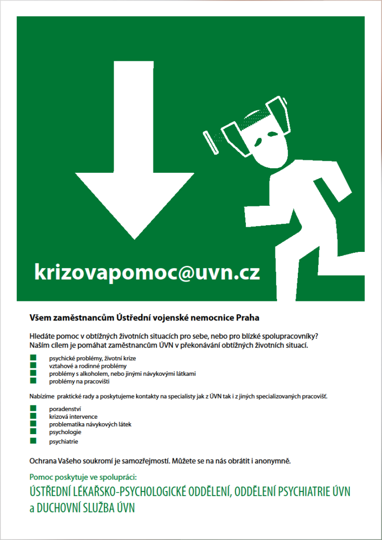 Podpora zdraví zaměstnanců péče o psychiku ( řešení problémů ve spolupráci kaplan, psycholog a psychiatr) psychologické poradenství duchovní služba Kurzy pro NLZP (pro personál ÚVN zdarma) Výcvikový