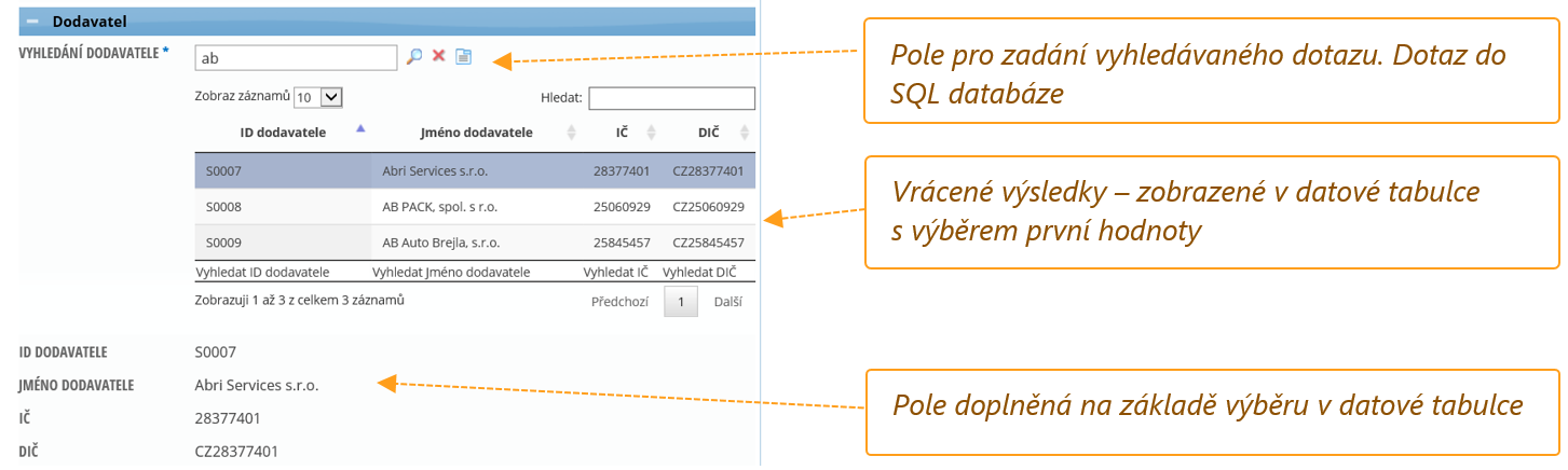 POLE S VYHLEDÁNÍM DAT - PŘÍKLADY Vyhledání dodavatele v externím