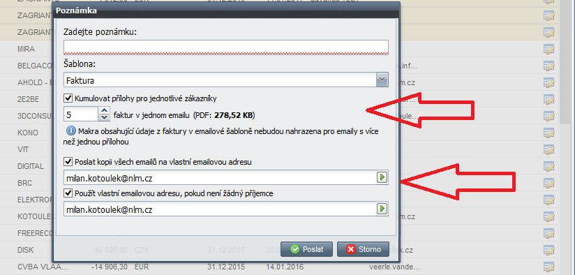 Do vlastního odesílání byly doplněny další možnosti: - Kumulace příloh. Pokud ve zvolených fakturách je více faktur pro jednoho zákazníka, je možno tomuto zákazníkovi zaslat mail s více přílohami.