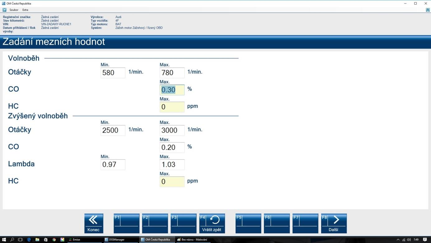 Po stisknutí tlačítka Další se objeví přehled předepsaných hodnot pro vybrané vozidlo.