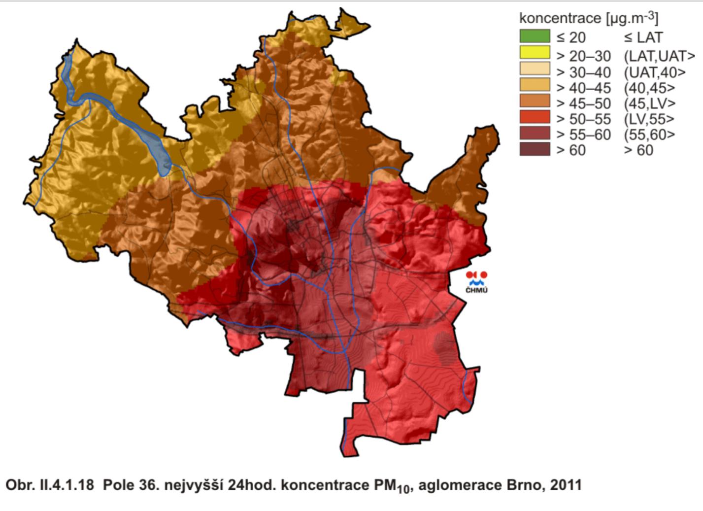 Překročení zákonných limitů PM10 pro Brno Červená oblast je nadlimitně zatížena Je zde protiprávní stav, který je JMK povinen