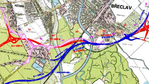 R55 obchvat Břeclavi Vliv na ŽP (Natura 2000) a LVA (UNESCO) 4-pruh (červená a modrá linie) pod Břeclaví je prakticky v koridoru 2-pruhového obchvatu (růžová linie).