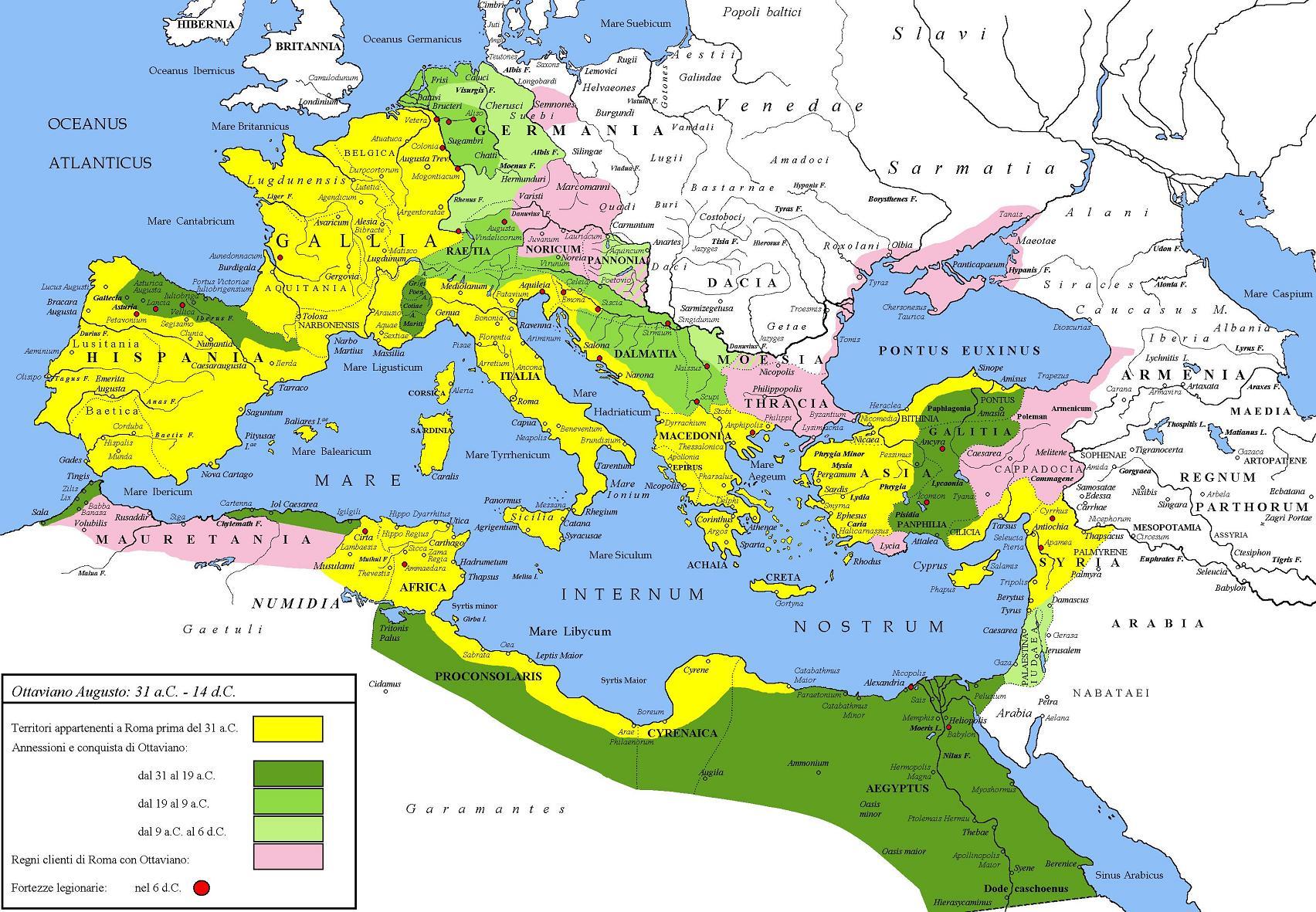 Římská říše za Augusta 3) Na mapě jsou znázorněna území dobytá před Augustovou vládou (žlutá), území získaná
