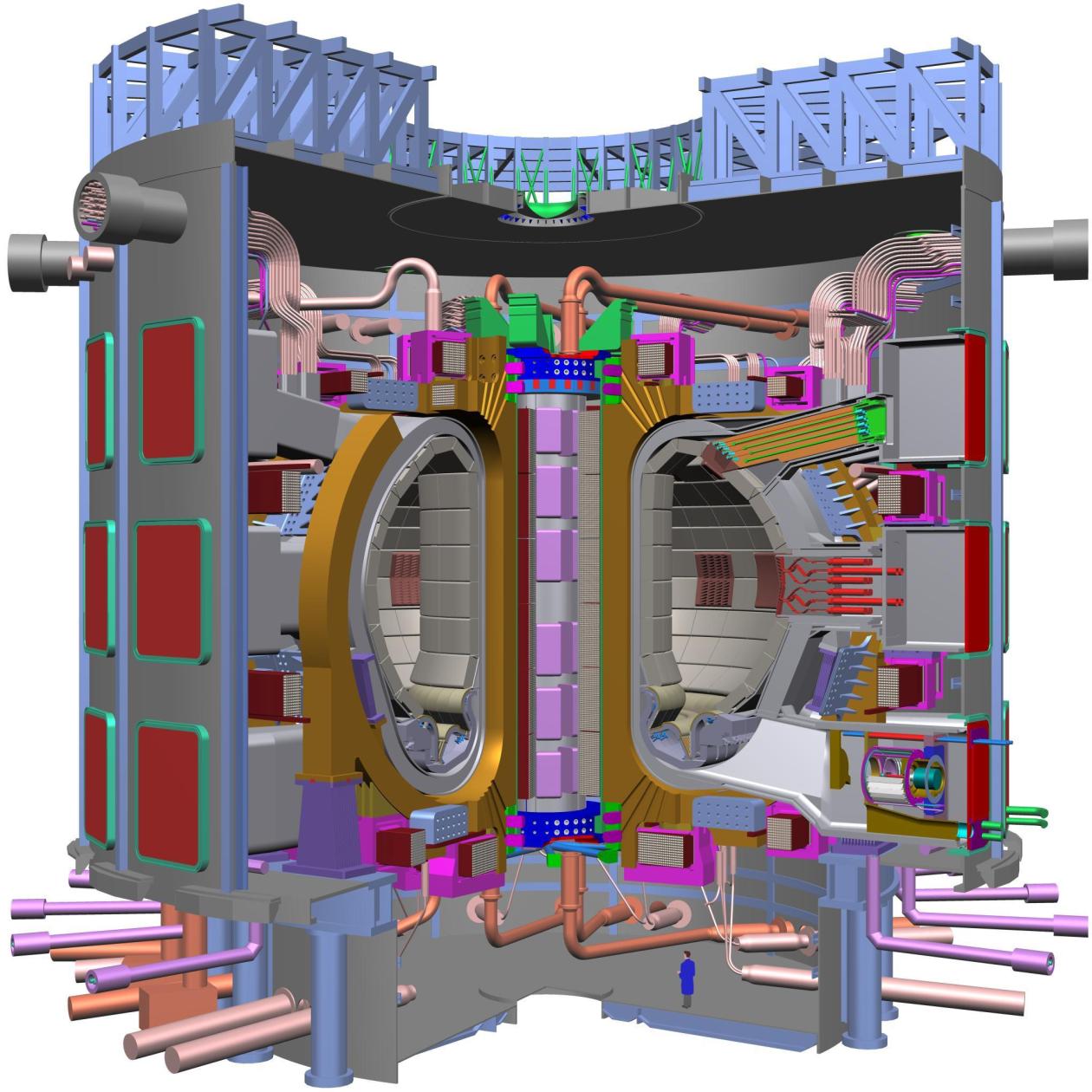 Obr. 4: Výzkumný reaktor ITER, ve spodní části pro srovnání výška člověka.[17] I přes úpravy harmonogramu již práce na ITERu probíhají, první plazma je plánováno na rok 2022.