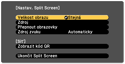 Promítání dvou obrzů zároveň 57 Je možné používt funkci rozdělené promítcí plochy součsně promítt dv obrzy z různých zdrojů obrzu.