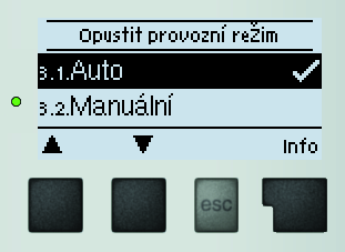 Provozní režim 3. - Provozní režim V menu 3. Provozní režim můžete regulátor přepnout do automatického režimu, vypnout, nebo přepnout do manuálního režimu.