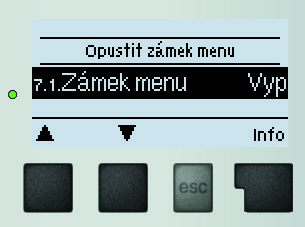 Zámek menu 7. - Zámek menu Menu 7. Zámek menu lze využít k zajištění regulátoru před nechtěnou změnou nastavených hodnot. Menu se ukončuje stiskem esc nebo volbou Opustit zámek menu.