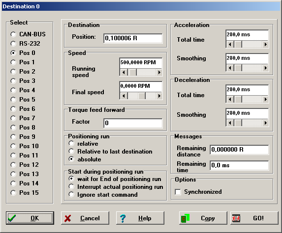 Ostatní parametry pohybu pro jednotlivé předdefinované pozice se nastavují v záložce Parameters -> Positioning -> Destination Parameters.