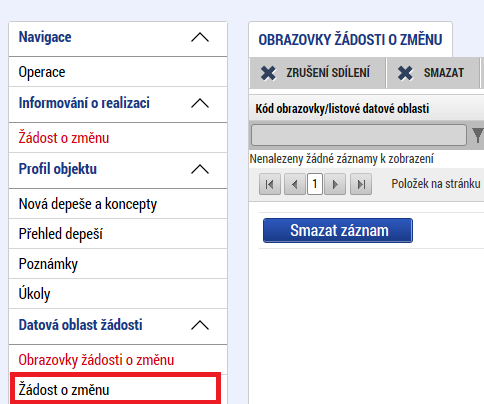 V levém menu vyberete možnost Vytvořit žádost o změnu, která se následně objeví v seznamu změn.