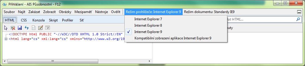 Pro nastavení správného režimu přejděte na položku Nástroje pro vývojáře v menu Nástroje (případně stiskněte klávesu F12) a poté v menu Režim prohlížeče vyberte položku Internet Explorer 9. 4.