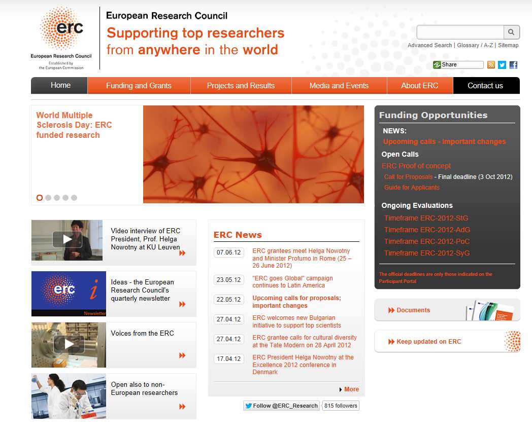 European Research Council (ERC) Podpora průlomových myšlenek vynikajících vědců z celého světa Research funded by the ERC is expected to lead to advances at the frontiers of knowledge and to set a