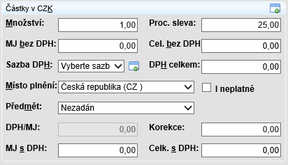 Ukázka formuláře Vydaná faktura položka, část Částky v CZK Na formuláři Zakázka a Pokladní doklad je pro zobrazení pole Předmět nutno kliknout na symbol.