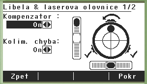 3. Otočte přístroj tak, aby byla klávesnice rovnoběžná se spojnicí dvou šroubů. 4. El. libelu pro tuto osu vycetrujte pomocí těchto dvou šroubů. Zobrazené šipky ukazují, jakým směrem je třeba otáčet.