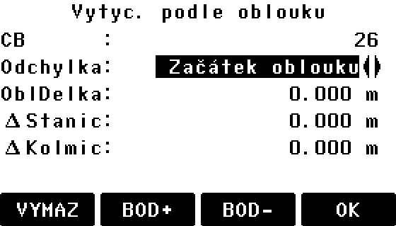 L: Podélný posun Off: Odchylka na kolmici k oblouku b) Vytyčení oblouku Vytyčení řady bodů v rovnoměrných rozestupech po oblouku.